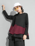 Women Red Ruffles Hem Big Size Irregular T-shirt New Round Neck Long Sleeve Fashion Tide Spring Autumn 2023