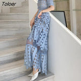 Blue Lace Maxi Dress Patchwork High Waisted Elegant Party Long Dresses Runway Design Short-sleeve Women Clothing