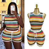 Ramming Striped Hollow Drawer Vest High-Waisted Hips Shorts Knitted Beach Resort