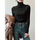 Women's Solid Color Turtleneck Slim Fitted Knit Tops 8 Colors Ribbed Striped Pit