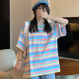 Fashion Hip Hop Women T-Shirt Loose Summer Oversize Striped Funny Female Tops Tees Purple Funny Japan Harajuku T Shirt