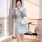 Runway Women Lace Splicing Embroidery Butterfly Mini Dresses Female Elegant Beading Peter Pan Collar A-Line Party