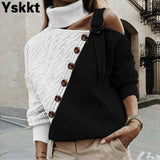 Sweater Women One Shoulder Knitted Long Sleeve Button Pullover Jumper Autumn Winter Streetwear Casual Jumper