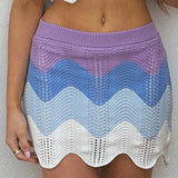 Sisterlinda Contrast Color Knitted Stitching Women 2Piece Set Short Sleeve Button T-Shirt+Mini Skirt Lady Vacation Matching