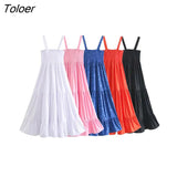 ZBZA Women 2023 Chic Elastic Smocked Printed Midi Dress Vintage Straight Straps Female Dresses Vestidos Mujer