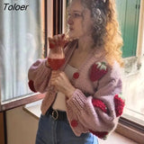 Bohemian Women Cardigan Tops three-dimensional Pattern Hand knitted Sweater V-Neck Puff Sleeve Loose Winter Sweaters