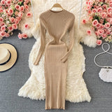 Women Shiny Knitted Dress Long Sleeve O Neck Elastic Slim Pencil Dresses Autumn Sexy Bodycon Streetwear Sweater