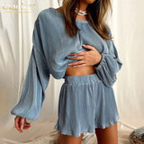 Fashion Blue Pleated Womens Two Peice Sets Casual Loose Long Sleeve Shirt Matching Shorts Set Elegant Home Female