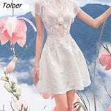 Flower Mini Dress Woman White Lace 2023 Summer Vacation Elegant Dress Bodycon Street Flying Sleeve A Line