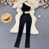 Hollow Out One-shoulder Jumpsuits Women Summer High Waist Sheath Rompers 2022 Fashion Straight Casual Long