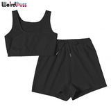 Puss 2 Piece Sets Women Casual Cotton Tracksuit Fitness Tank Top Drawstring Shorts Activity Stretchy Summer Street