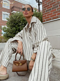 Fashion Striped Print Two Piece Pants Sets Women Outifits Autumn Casual Loose Long Sleeve Blouse With Wide Trouser