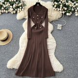 Fragrant High-End Feel Fashionable Doll Collar Long Sleeve Metal Buckle Waist Knitted Dress Women Autumn Slim