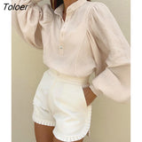 Stand Collar Lantern Sleeve Office Lady Blouses And Shirts Solid Cotton Single Breasted Elegant Top Women Loose Shirt