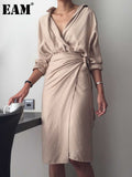 Women Beige Bandage Big Size Midi Shirt Dress New V-Neck Long Sleeve Loose Fit Fashion Tide Spring Autumn 2023