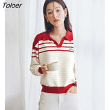 Women Sweaters 2023 Spring Long Sleeves V Neck Loose Knit Cardigan Classic Black Red Stripe Casual Chic