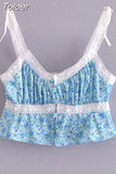 Summer New Floral Print Lace Folds Single-Breasted Spaghetti Strap Pajamas Suit Crop Top Women Camisole