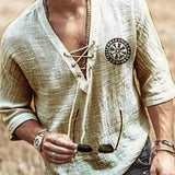 Viking Pirate Medieval Cosplay Halloween Costume Men Shirt V Neck Lace Up Vintage Shirt Half Sleeve Linen Blouse