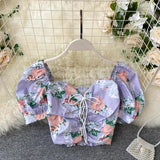 Short Blouses Women Fashion Sexy Bandage Crop Top Summer Vintage Gothic Shirt Ladies Flower Print Top