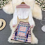 2023 Fashion Runway Summer Skirt Suit Women's Horse Geometry Print Blouse And A Line Pocket Buttons Skirt 2 Two Piece