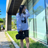 Korean Fashion Cat Print Pullover Grunge Black Cat Oversized Hoodies Kpop Gray Loose Sweatshirt Couple Streetwear