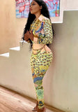 Print Retro Elegant Blouse and Pants Two Piece