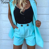 Fashion Women Two Piece Set Suit Coat and Shorts Set Solid Color Vest Coat Single Button Sleeveless Blazers with Shorts