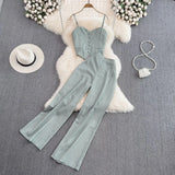 Summer Sexy Striped 2Pcs Set Elegant Single Breasted Strap Camis Tops + High Waist Pants Casual Two Pieces Suits Female New