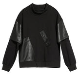 Women Big Size Black Pu Leather Spliced Pocket T-shirt New Turtleneck Long Sleeve Fashion Tide Spring Autumn 2023