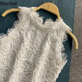 Blouses Women O-Neck Sleeveless Hollow Out Lace Shirt 2023 Summer Blusas Mujer Fashion Back Zipper Slim Temperament