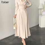 Long Dress Women Apricot 2023 Autumn Single-breasted Elegant Bodycon Dresses Turn-down Collar Party Vestido