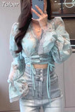 Tops Blouse Women Long Sleeve Drawstring Print Shirts V-neck Lace Ruffles Sexy Summer Blouses 2023 Blusas Mujer De