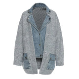Loose Fit Knitting Denim Stitch Big Size Jacket New Lapel Long Sleeve Women Coat Fashion Tide Autumn Winter 2022