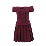 Toloer Spring New Sexy Pure Desire Temperament Double-Breasted One-Word Shoulder Dress Pleated Skirt