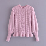 Jastie Fashion Women Sweet Ruffle Christmas Pullover Sweaters O-Neck Lantern Sleeve Casual Autumn Winter