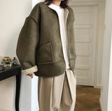 Winter Women Fashionable Soft Double-Sided Wearable Imitate Lambswool Coat Loose Padded Cocoon Woolen