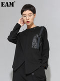 Women Black Buckle Stitch Big Size Asymmetrical T-shirt New Round Neck Long Sleeve Fashion Tide Spring Autumn