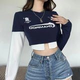 Logo Graphic Patchwork Long Sleeve Crop Top-Outfit