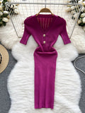 Button Knitted Dress Women Solid V Neck Summer 2022 Elegant Fashion Short Sleeves Ladies A Line Midi