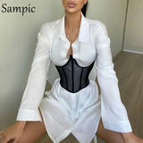 Sexy Women V Neck Mini Bodycon Corset Blouse Dress Party 2020 Fashion Night Club Ladies Black White Long Sleeve