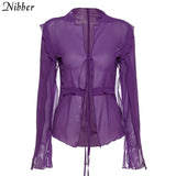 sexy deep V-neck Lace up beach club Top Women Mesh See Through Long Sleeve Solid T Shirt Fashion Ruffles Summer tee