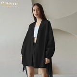 Autumn Lace-Up Robes Tops Two Pieces Set Womens Casual Loose High Wiast Shorts Set Elegant Pink Home Suit With