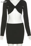 Fall Sexy Solid Hollow Out 2 Two Piece Sets Club Outfit For Women 2023 Long Sleeve V Neck Crop Top And Skirt Sets