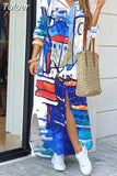 For Women 2023 Spring Summer Casual Loose Print Long Shirt Dress Button Up Long Sleeve Midi Elegant Vintage