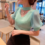 Sweater Women Clothes Puff Sleeve Elegant Ladies Knit Tops Fashion Y2K Halter Sweaters 2023 Fall V Neck Woman