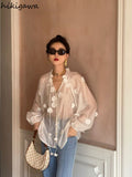 Women Shirts Chic 3D Floral White Blouses 2023 Blusas Mujer De Moda Embroidery See Throught Sexy Summer Blouse