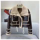 2022 Fur Locomotive Vintage Riding Winter Women's Jacket Long Sleeved Lapel Padded Warm Black Zip Chic Female Coat