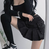 Punk Black Denim Mini Skirt Pleated Women Sexy Grunge High Waisted Pocket Patchwork A-line Jean Skirt E Girl
