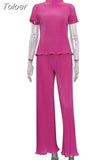 Fashion Women's 2 Pcs Set Pleated New Round Neck Loose Short Sleeve Tops And Highwaist Straight Pants Summer 2023