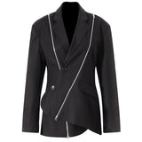 Women Black Zipper Irregular Blazer New Notched Long Sleeve Loose Fit Jacket Fashion Tide Spring Autumn 2023